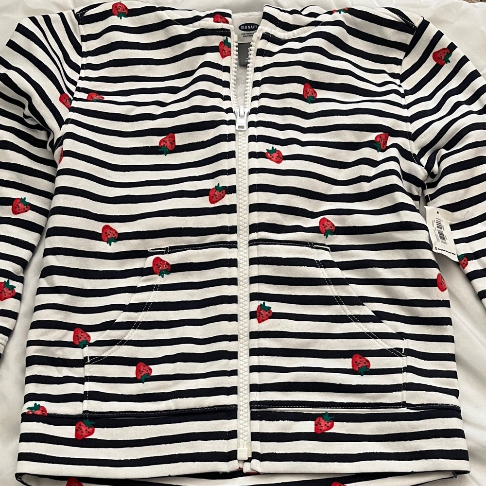 Old Navy Navy and White Striped Hoodie with Strawberry Accents